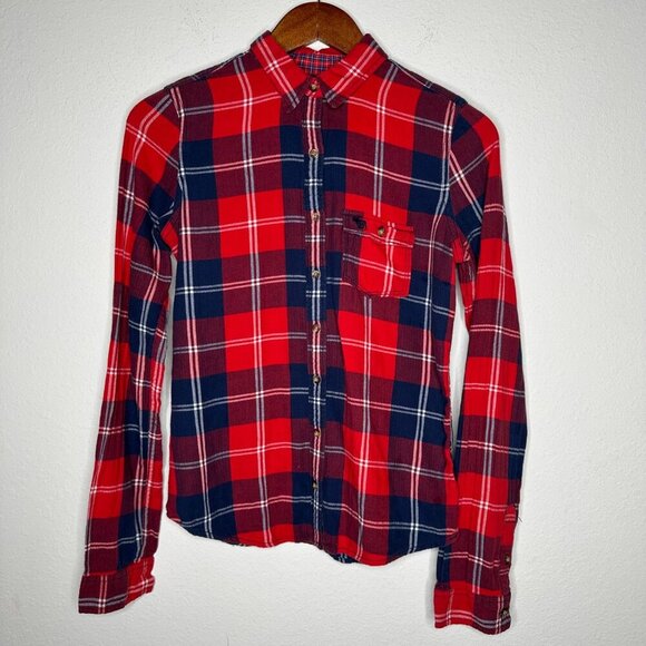 Abercrombie & Fitch flannel long sleeve button‎ up shirt blue, red Sz S - Picture 3 of 4